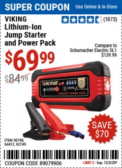 Harbor Freight Coupon LITHIUM ION JUMP STARTER AND POWER PACK Lot No. 62749/64412/56797/56798 Expired: 12/3/20 - $69.99