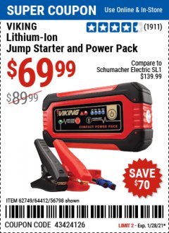 Harbor Freight Coupon LITHIUM ION JUMP STARTER AND POWER PACK Lot No. 62749/64412/56797/56798 Expired: 1/28/21 - $69.99