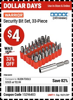 Harbor Freight Coupon WARRIOR SECURITY BIT SET, 33-PIECE Lot No. 68459 Valid Thru: 10/21/26 - $4