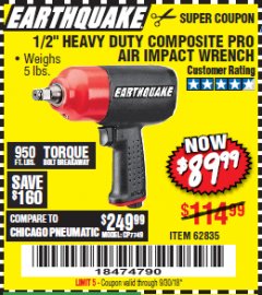 Harbor Freight Coupon EARTHQUAKE 1/2" COMPOSITE PRO IMPACT WRENCH Lot No. 62835 Expired: 9/30/18 - $89.99