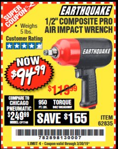 Harbor Freight Coupon EARTHQUAKE 1/2" COMPOSITE PRO IMPACT WRENCH Lot No. 62835 Expired: 3/30/19 - $94.99