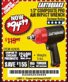 Harbor Freight Coupon EARTHQUAKE 1/2" COMPOSITE PRO IMPACT WRENCH Lot No. 62835 Expired: 2/15/20 - $94.99