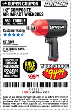 Harbor Freight Coupon EARTHQUAKE 1/2" COMPOSITE PRO IMPACT WRENCH Lot No. 62835 Expired: 6/30/20 - $94.99