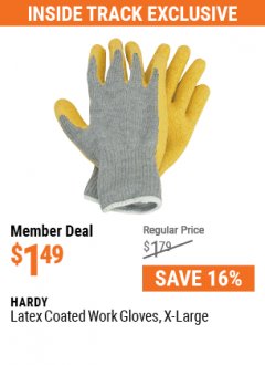 Harbor Freight ITC Coupon HARDY LATEX COATED WORK GLOVES Lot No. 90909/61436/90912/61435/90913/61437 Expired: 7/29/21 - $1.49