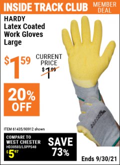 Harbor Freight ITC Coupon HARDY LATEX COATED WORK GLOVES Lot No. 90909/61436/90912/61435/90913/61437 Expired: 9/30/21 - $1.59