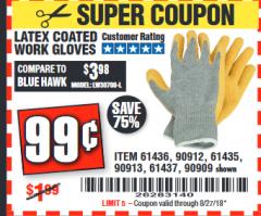 Harbor Freight Coupon HARDY LATEX COATED WORK GLOVES Lot No. 90909/61436/90912/61435/90913/61437 Expired: 8/27/18 - $0.99