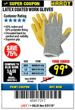 Harbor Freight Coupon HARDY LATEX COATED WORK GLOVES Lot No. 90909/61436/90912/61435/90913/61437 Expired: 8/31/18 - $0.99