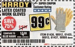 Harbor Freight Coupon HARDY LATEX COATED WORK GLOVES Lot No. 90909/61436/90912/61435/90913/61437 Expired: 10/17/18 - $0.99