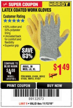 Harbor Freight Coupon HARDY LATEX COATED WORK GLOVES Lot No. 90909/61436/90912/61435/90913/61437 Expired: 11/18/18 - $1.49