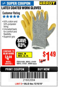 Harbor Freight Coupon HARDY LATEX COATED WORK GLOVES Lot No. 90909/61436/90912/61435/90913/61437 Expired: 12/16/18 - $1.49