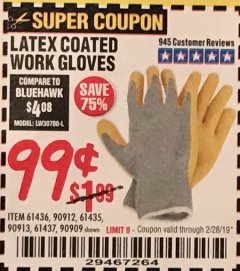 Harbor Freight Coupon HARDY LATEX COATED WORK GLOVES Lot No. 90909/61436/90912/61435/90913/61437 Expired: 2/28/19 - $0.99
