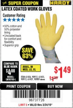 Harbor Freight Coupon HARDY LATEX COATED WORK GLOVES Lot No. 90909/61436/90912/61435/90913/61437 Expired: 3/24/19 - $1.49
