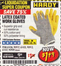 Harbor Freight Coupon HARDY LATEX COATED WORK GLOVES Lot No. 90909/61436/90912/61435/90913/61437 Expired: 5/31/19 - $1.49
