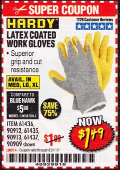 Harbor Freight Coupon HARDY LATEX COATED WORK GLOVES Lot No. 90909/61436/90912/61435/90913/61437 Expired: 8/31/19 - $1.49