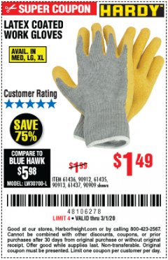 Harbor Freight Coupon HARDY LATEX COATED WORK GLOVES Lot No. 90909/61436/90912/61435/90913/61437 Expired: 3/1/20 - $1.49