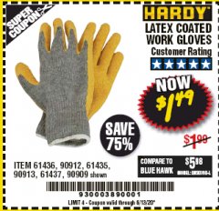 Harbor Freight Coupon HARDY LATEX COATED WORK GLOVES Lot No. 90909/61436/90912/61435/90913/61437 Expired: 6/30/20 - $1.49