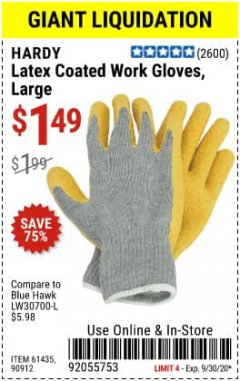 Harbor Freight Coupon HARDY LATEX COATED WORK GLOVES Lot No. 90909/61436/90912/61435/90913/61437 Expired: 9/30/20 - $1.49