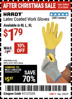Harbor Freight Coupon HARDY LATEX COATED WORK GLOVES Lot No. 90909/61436/90912/61435/90913/61437 Expired: 1/8/23 - $1.79
