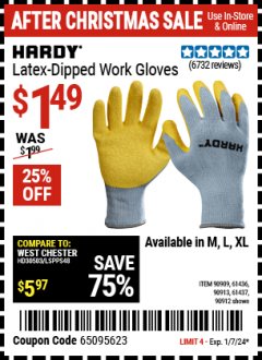 Harbor Freight Coupon HARDY LATEX COATED WORK GLOVES Lot No. 90909/61436/90912/61435/90913/61437 Expired: 1/7/24 - $1.49