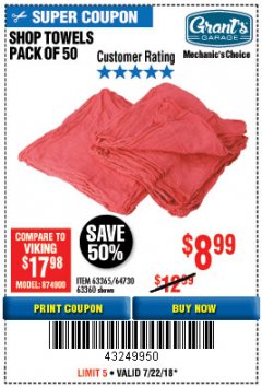 Harbor Freight Coupon MECHANICS CHOICE SHOP TOWELS PACK OF 50 Lot No. 63365/63360 Expired: 7/22/18 - $8.99