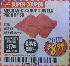 Harbor Freight Coupon MECHANICS CHOICE SHOP TOWELS PACK OF 50 Lot No. 63365/63360 Expired: 8/31/18 - $8.99