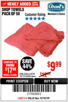 Harbor Freight Coupon MECHANICS CHOICE SHOP TOWELS PACK OF 50 Lot No. 63365/63360 Expired: 12/16/18 - $9.99