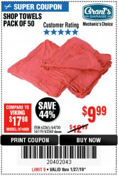Harbor Freight Coupon MECHANICS CHOICE SHOP TOWELS PACK OF 50 Lot No. 63365/63360 Expired: 1/27/19 - $9.99