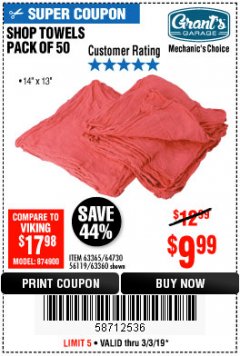 Harbor Freight Coupon MECHANICS CHOICE SHOP TOWELS PACK OF 50 Lot No. 63365/63360 Expired: 3/3/19 - $9.99