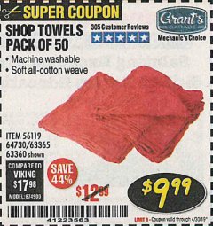 Harbor Freight Coupon MECHANICS CHOICE SHOP TOWELS PACK OF 50 Lot No. 63365/63360 Expired: 4/30/19 - $9.99