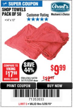 Harbor Freight Coupon MECHANICS CHOICE SHOP TOWELS PACK OF 50 Lot No. 63365/63360 Expired: 5/26/19 - $9.99
