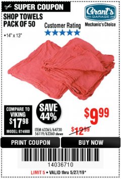 Harbor Freight Coupon MECHANICS CHOICE SHOP TOWELS PACK OF 50 Lot No. 63365/63360 Expired: 5/27/19 - $9.99
