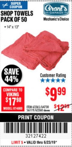 Harbor Freight Coupon MECHANICS CHOICE SHOP TOWELS PACK OF 50 Lot No. 63365/63360 Expired: 6/23/19 - $9.99