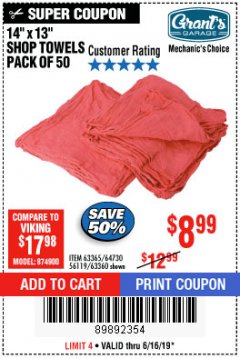 Harbor Freight Coupon MECHANICS CHOICE SHOP TOWELS PACK OF 50 Lot No. 63365/63360 Expired: 6/16/19 - $8.99
