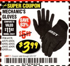 Harbor Freight Coupon HARDY PADDED MECHANICS GLOVES Lot No. 64539/64540/64541 Expired: 3/31/19 - $3.99