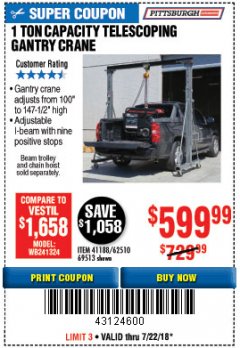 Harbor Freight Coupon PITTSBURGH AUTOMOTIVE 1 TON CAPACITY TELESCOPING GANTRY CRANE Lot No. 62510/41188/69513 Expired: 7/22/18 - $599.99