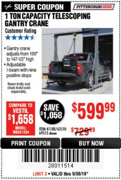 Harbor Freight Coupon PITTSBURGH AUTOMOTIVE 1 TON CAPACITY TELESCOPING GANTRY CRANE Lot No. 62510/41188/69513 Expired: 9/30/18 - $599.99