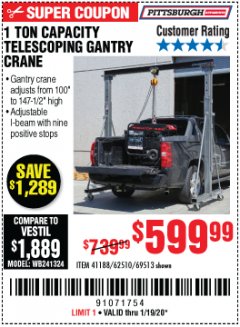 Harbor Freight Coupon PITTSBURGH AUTOMOTIVE 1 TON CAPACITY TELESCOPING GANTRY CRANE Lot No. 62510/41188/69513 Expired: 1/19/20 - $599.99