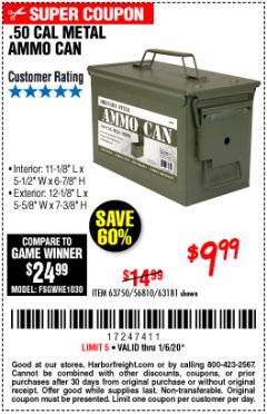 Harbor Freight Coupon .50 CAL METAL AMMO CAN Lot No. 63750/56810/63181 Expired: 1/6/20 - $9.99