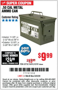 Harbor Freight Coupon .50 CAL METAL AMMO CAN Lot No. 63750/56810/63181 Expired: 3/22/20 - $9.99