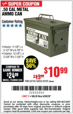 Harbor Freight Coupon .50 CAL METAL AMMO CAN Lot No. 63750/56810/63181 Expired: 6/30/20 - $10.99
