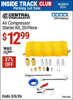 Harbor Freight ITC Coupon CENTRAL PNEUMATIC AIR COMPRESSOR STARTER KIT, 20-PIECE Lot No. 64599 Expired: 3/5/26 - $12.99