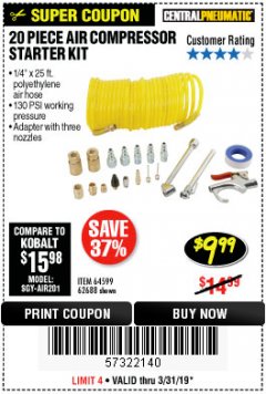 Harbor Freight Coupon 20 PIECE AIR COMPRESSOR STARTER KIT Lot No. 62688/57051/64599 Expired: 3/31/19 - $9.99