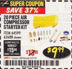 Harbor Freight Coupon 20 PIECE AIR COMPRESSOR STARTER KIT Lot No. 62688/57051/64599 Expired: 5/31/19 - $9.99
