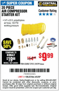 Harbor Freight Coupon 20 PIECE AIR COMPRESSOR STARTER KIT Lot No. 62688/57051/64599 Expired: 6/30/20 - $9.99