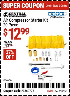 Harbor Freight Coupon CENTRAL PNEUMATIC AIR COMPRESSOR STARTER KIT, 20-PIECE Lot No. 64599 Expired: 3/15/26 - $12.99