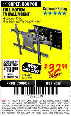 Harbor Freight ITC Coupon FULL MOTION TV WALL MOUNT  Lot No. 64037/63155 Expired: 1/10/19 - $32.99