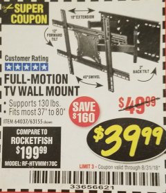 Harbor Freight Coupon FULL MOTION TV WALL MOUNT  Lot No. 64037/63155 Expired: 8/31/18 - $39.99