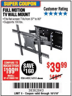 Harbor Freight Coupon FULL MOTION TV WALL MOUNT  Lot No. 64037/63155 Expired: 10/1/18 - $39.99