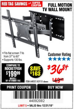 Harbor Freight Coupon FULL MOTION TV WALL MOUNT  Lot No. 64037/63155 Expired: 12/31/18 - $36.84