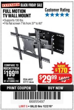 Harbor Freight Coupon FULL MOTION TV WALL MOUNT  Lot No. 64037/63155 Expired: 12/2/18 - $29.99
